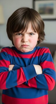Young child displays visible displeasure with arms tightly crossed over chest