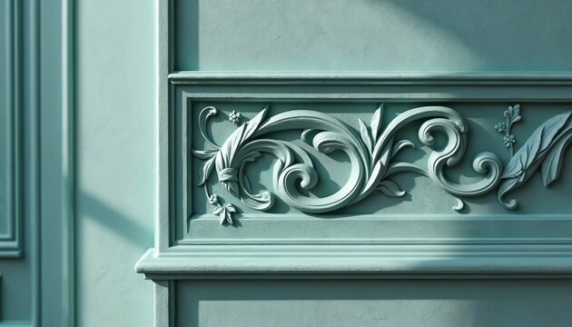 Textured teal wall panel features ornate bas-relief floral scrollwork. Elegant architectural detail with vintage charm. Recessed panels create depth. Soft shadows highlight sculpted forms.