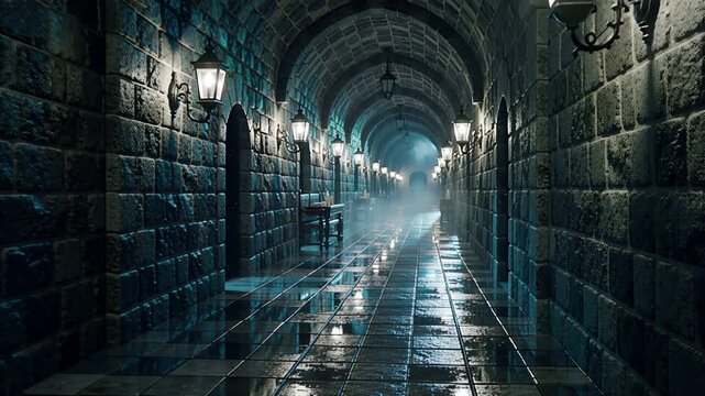 walking through a dark, wet medieval stone hallway at night | horror, fantasy, adventure, game, suspense theme