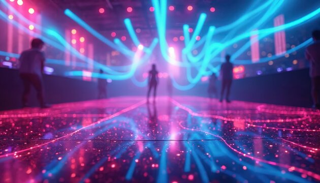 People dance on neon light floor with abstract trails. Nightclub atmosphere with glowing music lines. Energetic urban party scene with vibrant colors. Fun, exciting, and dynamic nightlife experience.