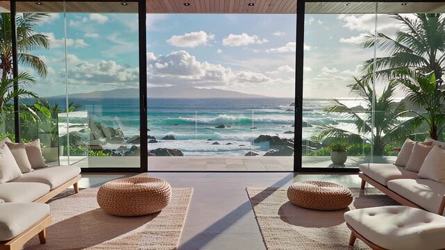 modern coastal living room with ocean view and luxurious design | travel, realestate, interior, vacation, relaxation theme