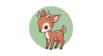 Obraz premium Cute cartoon baby deer fawn with antlers on green background