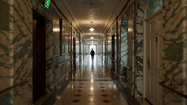 elegant marble hallway perspective shift with distant walking figure | corporate, luxury, travel, architecture, ambiance theme
