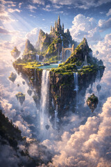 Obraz premium Fantasy Floating Island Castle Above Clouds with Waterfalls, Magical Sky Landscape and Dreamlike Kingdom