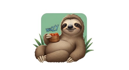 Obraz premium Cute cartoon sloth holding fruit bucket with 'waZY' text