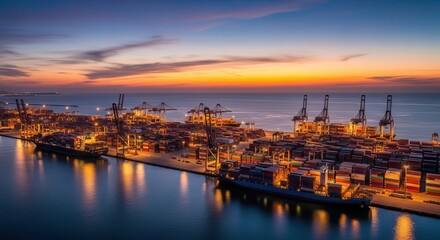 Aerial view of a bustling shipping port at sunset with cargo cranes and containers