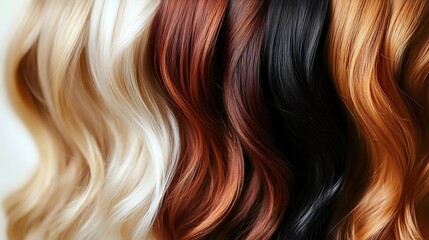 Fototapeta premium Colorful hair extensions showcase wavy textures in blonde, auburn, black and copper shades for salon styling and beauty treatments.