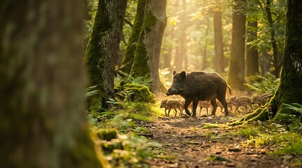 Naklejka premium Wild boar family with piglets walking through sunlit forest path among moss-covered trees in natural woodland habitat for wildlife photography.