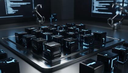 Obraz premium Futuristic Cubes With Blue Glowing Lights In A Cybernetic Environment Representing Data, AI, Or Quantum Computing Concepts
