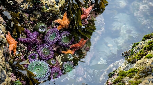 Colorful tide pool ecosystem with purple sea anemones, orange starfish and marine life on rocky coastline during low tide for nature education.