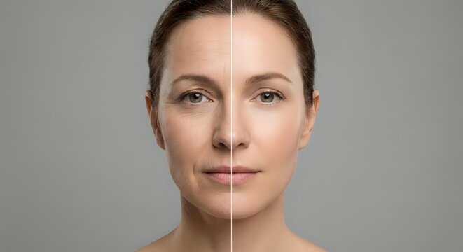 Middle-aged Caucasian woman showing aging process with half face wrinkled and half smooth skin for skincare treatment comparison on gray background.