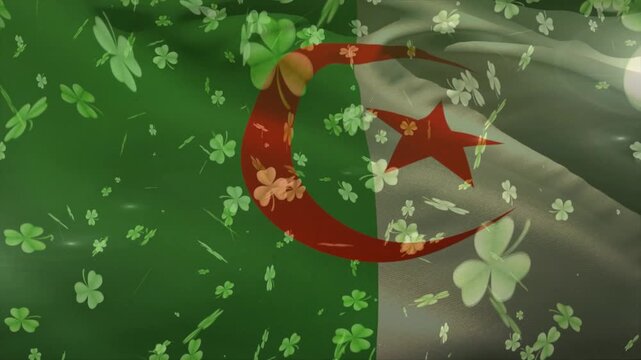 On play, Algerian flag waving, clover petals drifting, lighting emphasizing emblem for design