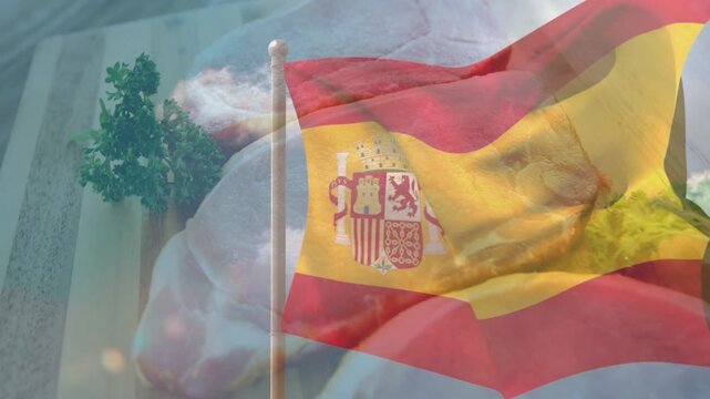 Spanish flag waving from breeze over board, overlaying ham, parsley and crest for food branding