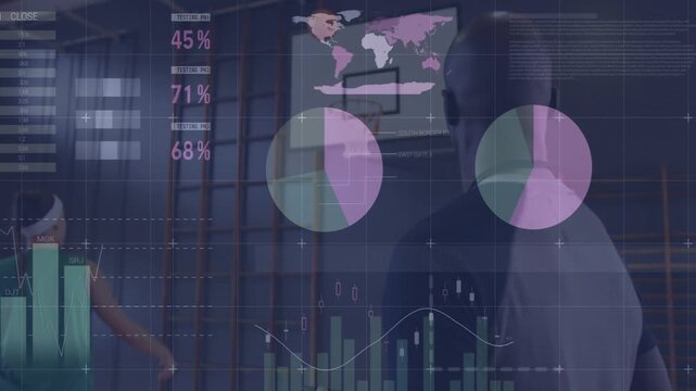 Analytics fading in, coach observing while player shooting, analytics updating to track performance