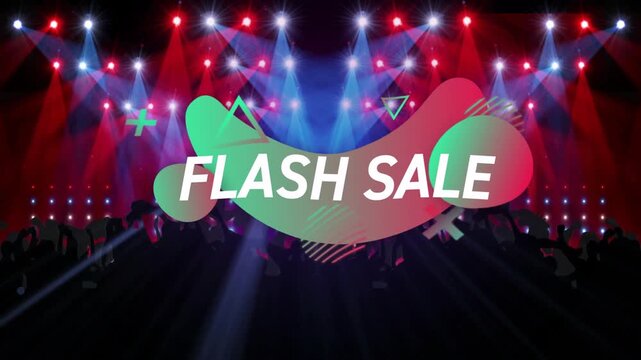 Music pulsing, vivid blob shifting and forming FLASH SALE as lights sweeping, promoting sale