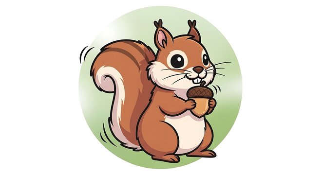 Cute cartoon squirrel holding an acorn on a green background