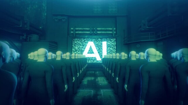 Faceless Crowd Facing Large AI Screen in Futuristic Control Room - 4K