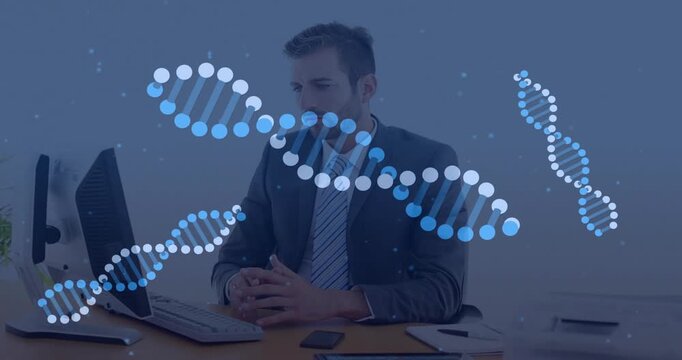 Office exec at desk, DNA helix overlay emerging, slowing typing and guiding biotech reviewing