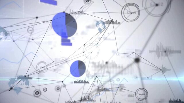 Camera moving forward, data network connecting nodes and growing pie charts, aiding designers