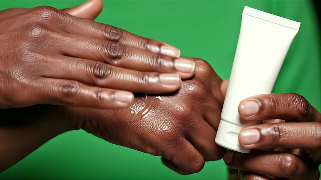 Close Up of African Descendant Hands Applying Clear Gel From White Tube Against Green Screen Background