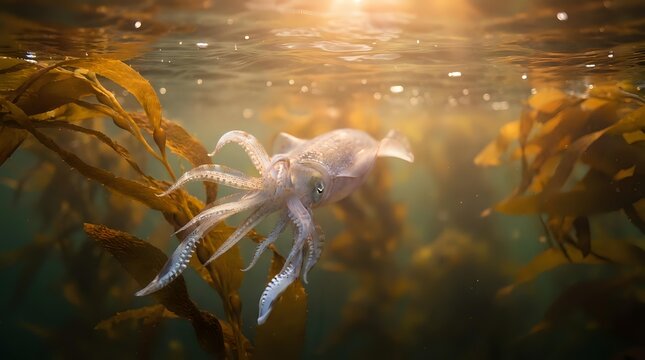 White octopus swimming gracefully through golden kelp forest with sunbeams filtering through water creating magical underwater scene for marine life content.