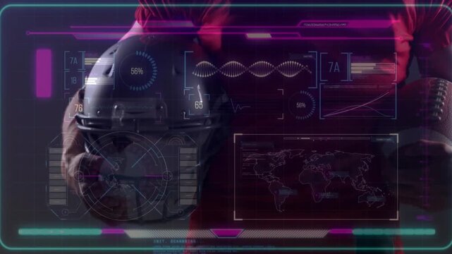 Athlete shifting helmet left, cradling ball, HUD overlaying torso with radar dials for sports tech