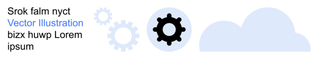 Fototapeta premium Technology, cloud computing, data synchronization, networking, mechanical process, automated systems. Blue and black gears with abstract text and cloud shapes. Technology and cloud computing concepts