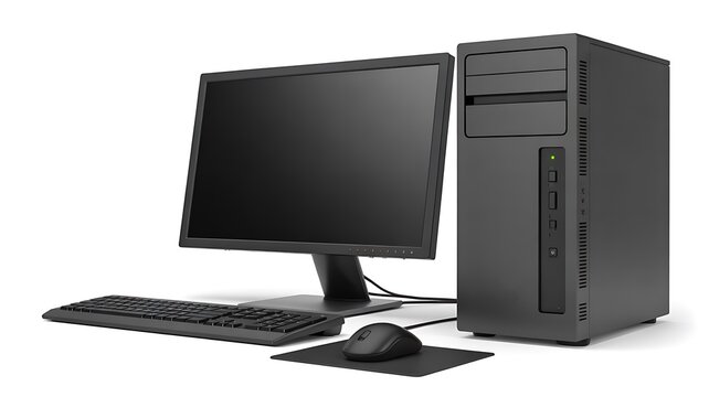Desktop computer with monitor keyboard and mouse isolated on white background technology concept