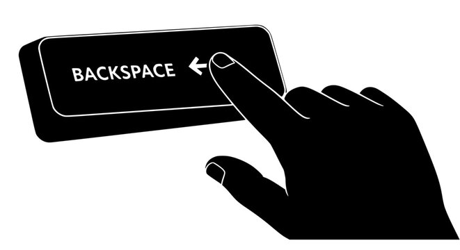 Human hand presses backspace key on computer keyboard, symbolizing digital deletion, data correction, error removal, or undo action within computing, technology, and information management processes.