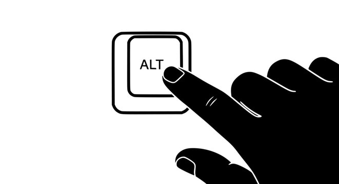 Close up vector illustration showing a human index finger about to press the computer keyboard alternative key labeled ALT, useful for digital shortcuts and command concepts.