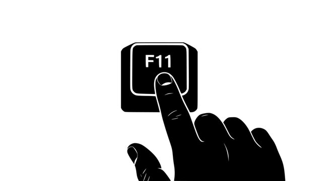 Black and white graphic illustration depicting a human index finger pressing the F11 function key on a computer keyboard, symbolizing full screen mode activation .