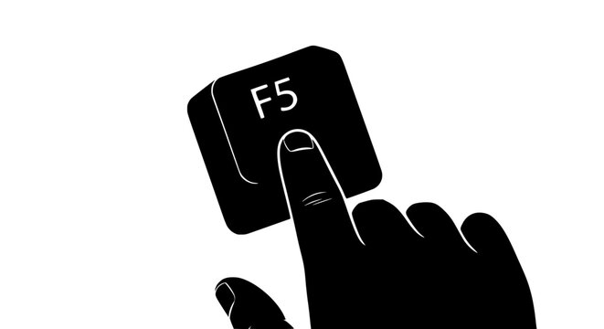 Hand pressing F5 key on a computer keyboard, symbolizing refresh, update, reload, or restart of a digital system or web page interface. Essential command for modern technology users .