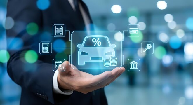 Professional businessman presenting digital car loan and financing services with holographic interface displaying percentage rates and banking icons.