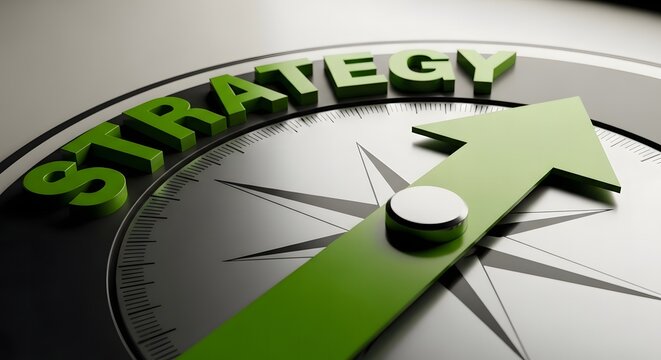 Illustration of green arrow on compass pointing to strategy and success