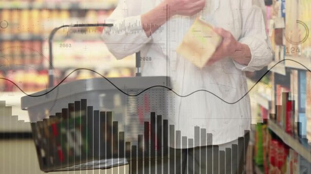 Shopper reaching retail shelf selecting box placing into basket, data charts guiding purchase