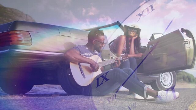 Vertical video: At road stop man strumming guitar woman watching clock overlay with flares bonding