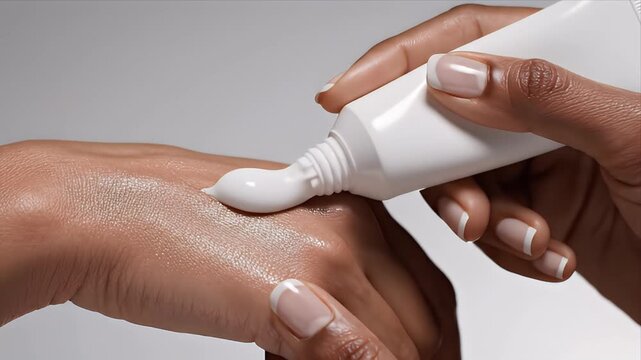 Close-up of Dark-skinned Hand Applying White Blank Face Cream from a Tube on a Light Gray Background with Soft Studio