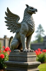 Stone griffin statue with eagle head and lion body sits on pedestal in garden. Mythical creature sculpture displays feathered wings and powerful paws among red flowers.