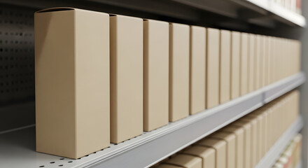 A long row of identical plain brown cardboard boxes neatly arranged on a metal shelf in a storage facility.