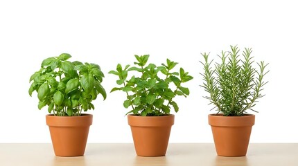 Fototapeta premium Fresh culinary herbs basil mint rosemary growing in terracotta pots on wooden surface isolated white background for cooking gardening kitchen design.