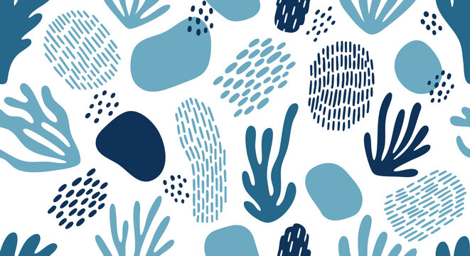 Blue Scandinavian Abstract Seamless Pattern with Organic Shapes