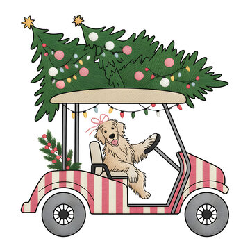 Golf Cart with Golden Retriever and Christmas Trees: A Whimsical Winter Holiday Illustration in Cartoon Style with Festive Decorations and Light Strings for Joyful Seasonal Fun