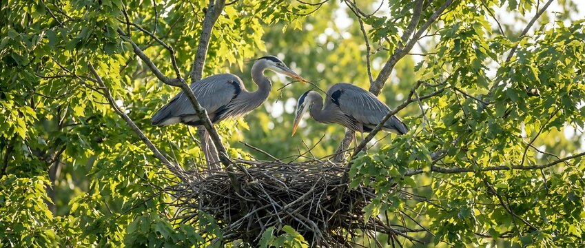 Two grey herons standing in large nest among green tree branches during breeding season. Wildlife photography showing nesting behavior and natural habitat.