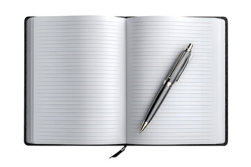 Open blank notebook with pen top view minimalist white background writing planning concept