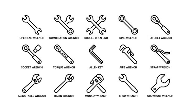 Collection of various wrench icons with different types and styles