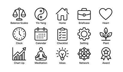 Fototapeta premium Icon set: balance, yin yang, home, briefcase, heart, clock, calendar, checklist, setting, plant