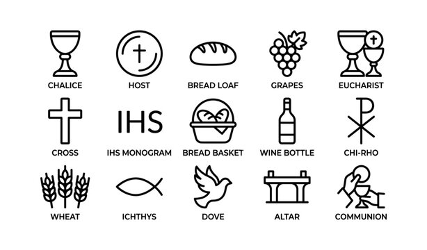 Christian symbols: eucharist elements including chalice, cross, ihs, bread, grapes, dove, altar