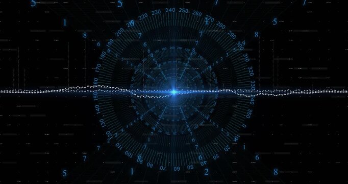 Central blue node pulsing, HUD sending dot waveform surging and settling across grid, showing peaks