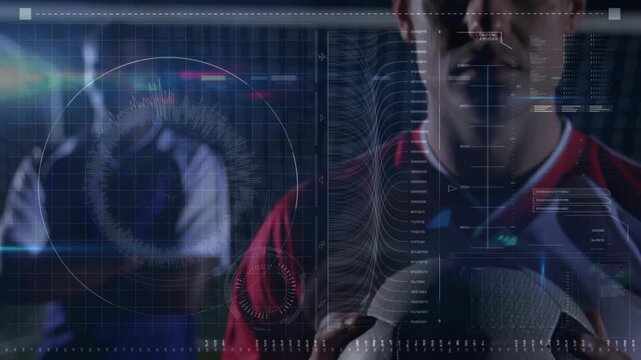 Holding soccer ball, athlete in red jersey adjusting grip after HUD animation in stadium for promo