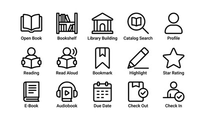 Fototapeta premium Library icons set: bookshelves, reading, audiobook, check out, bookmark